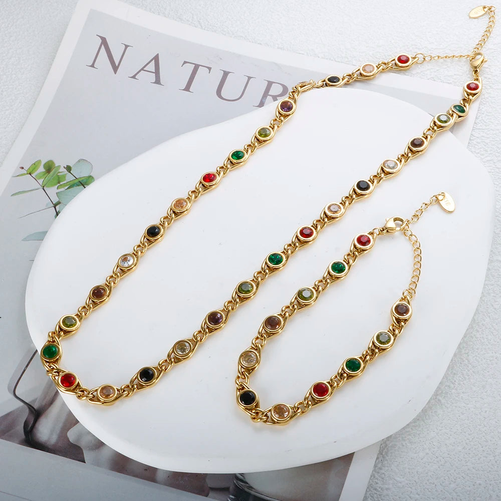 Trend Colorful Cubic Zirconia Panel Bracelet Necklace For Women Gold Color Stainless Steel Crystal Fisheye Jewelry Set 2023 New