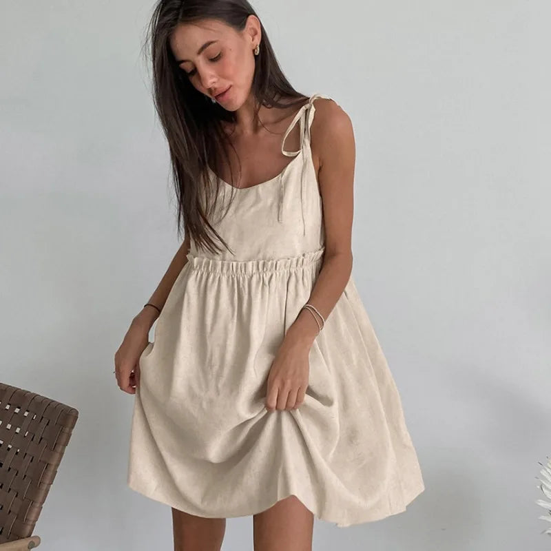 Cotton Linen Suspender Dress Spring and Summer Women's Beach Style Fake Casual Loose Soft Ruffled Edge A-line Suspender Dress