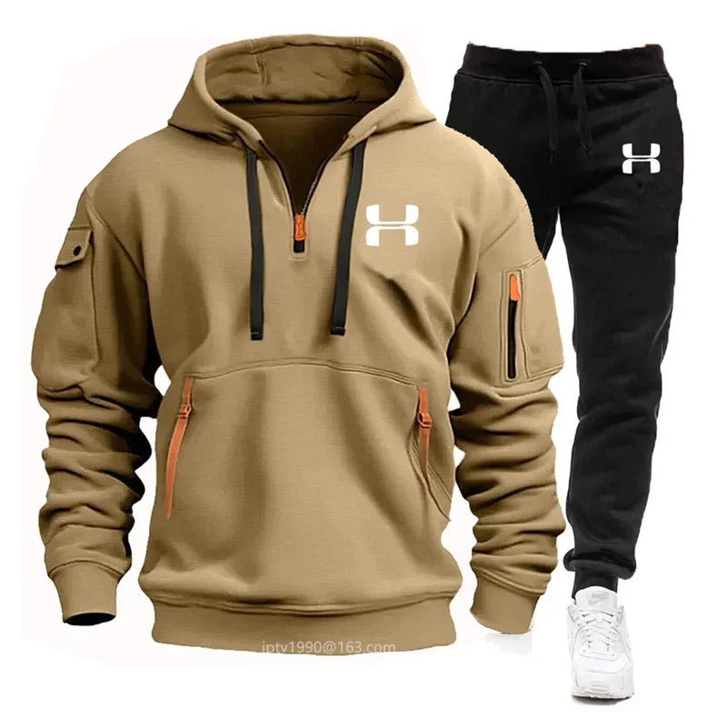 New men's suit, spring and autumn men multi-pocket zipper hoodie + sports pants two-piece leisure fitness sports clothing set Surpriseshopper.com