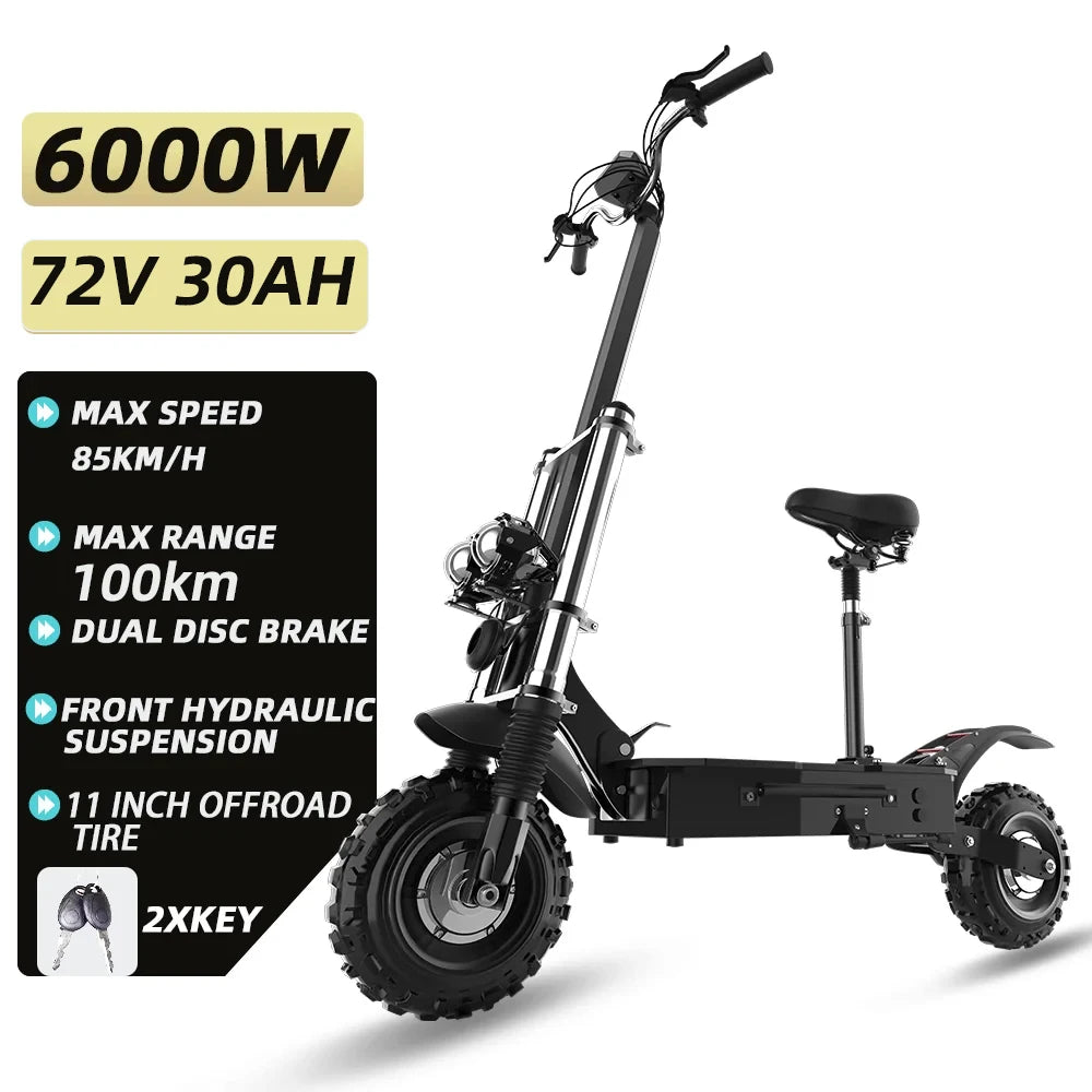 48-72V Electric Scooter for Adults 90KM/H 10-11''Tubeless Off Road Tire Hydraulic / SpringSuspension Foldable Escooter with Seat