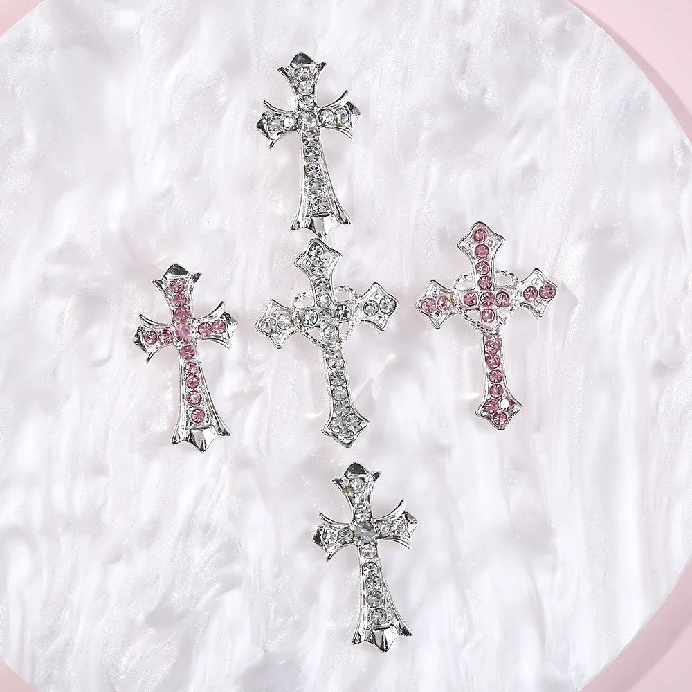 5pcs Luxury Silver Big Cross Nail Art Charm 3D Alloy Full Glitter Pink/White Diamond Nail Decoration DIY Retro Nail Accessories