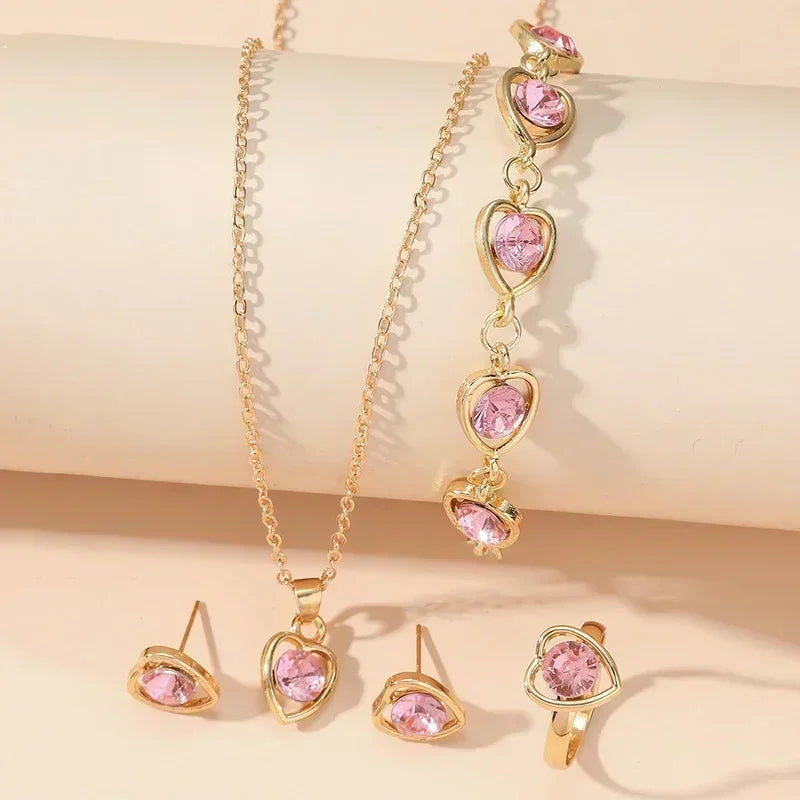 5PCS Set Gold-Color Heart Shaped Jewelry Sets Of Ring Earrings Necklace For Women Elegance Rhinestone Double Heart Jewelry