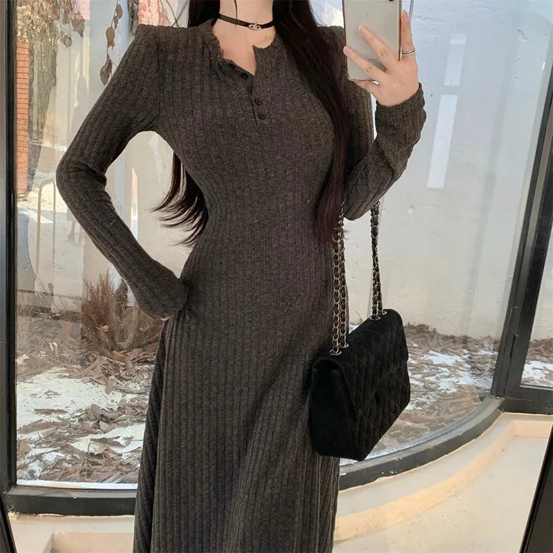 Elegant Slim High Waist Knit Dresses Women Autumn Winter Long Sleeve Thick Warm Long Dress Ladies Vintage Streetwear Vestidos