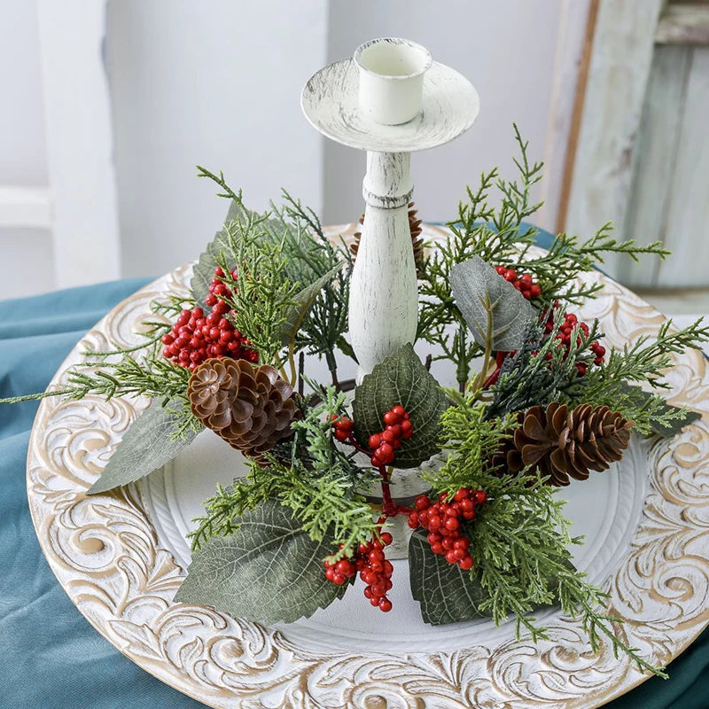 25cm Artificial Pine Needle Red Berry Candle Rings Candlestick Wreath Fake Leaves Christmas New Year Table Decoration Props