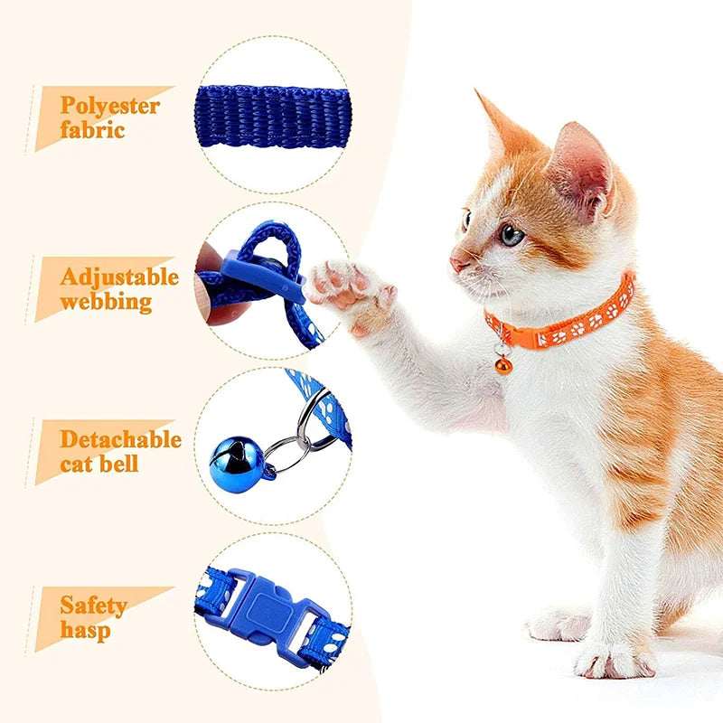 1pcs Pet Collar with Bell for Kitten  Puppie Small Animal Adjustable Nylon Collar with Cute Paw Print Pattern Guinea Pig Collar