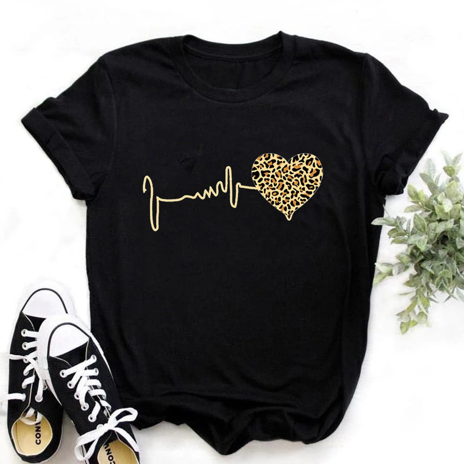 Summer New 90 's Leopard Heartbeat Short Sleeve Print Clothing Women's T-Shirt Harajuku Graphic Clothing Women's Top,Drop Ship - Surpriseshopper.com