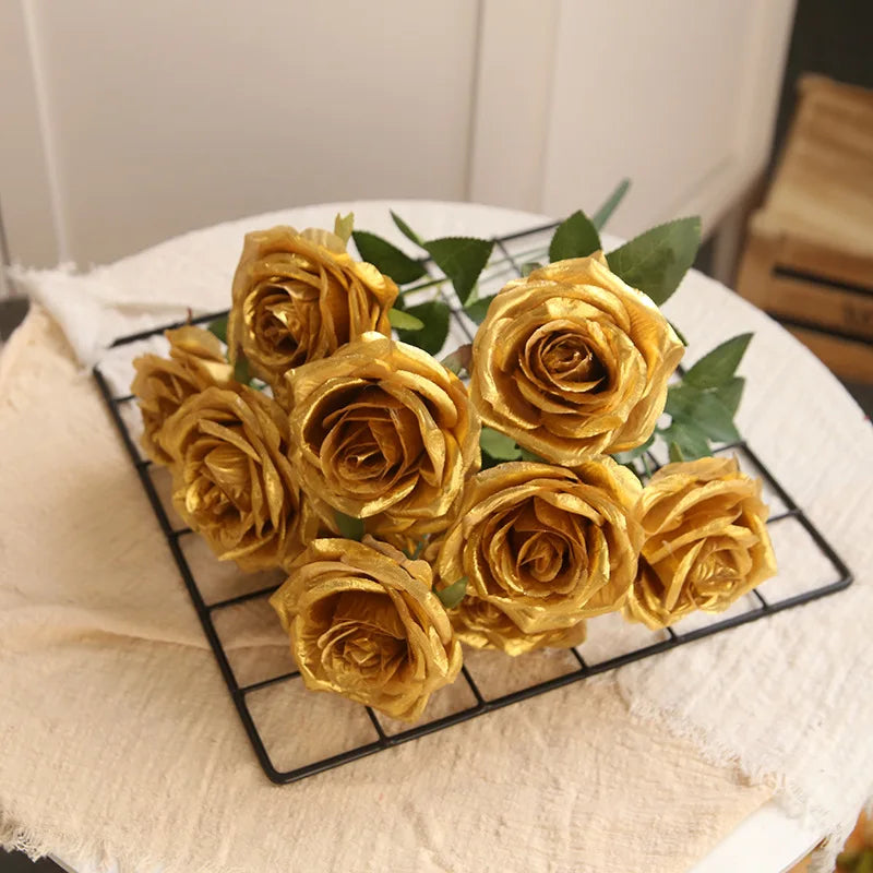 10 Heads Golden Silver Rose Artificial Flower DIY Wedding Floral Arrangement Material Silk Bridal Bouquet Home Decor Photo Props