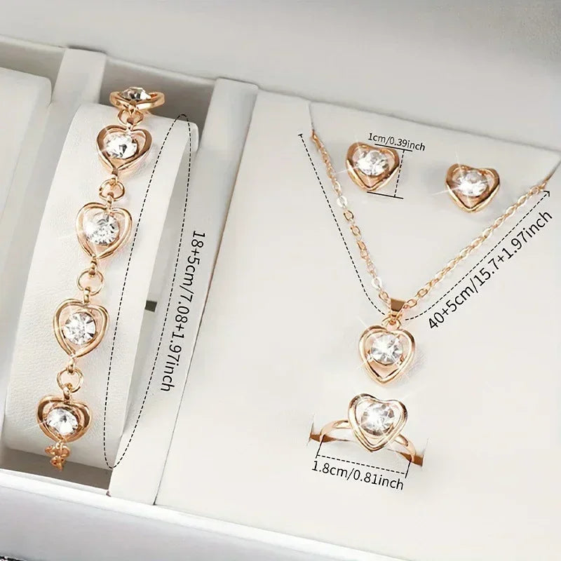 5PCS Set Gold-Color Heart Shaped Jewelry Sets Of Ring Earrings Necklace For Women Elegance Rhinestone Double Heart Jewelry