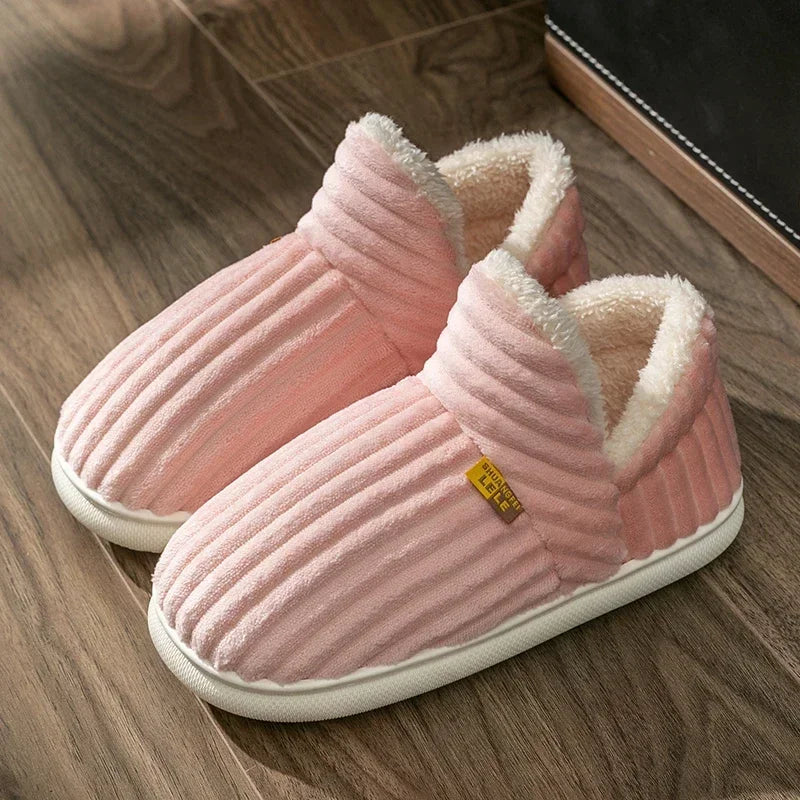 Winter Couple Style Concise Solid Color Wrap Heels Plush Slippers Non-slip Warm Flip Flops Women Men Home Casual Cotton Shoes