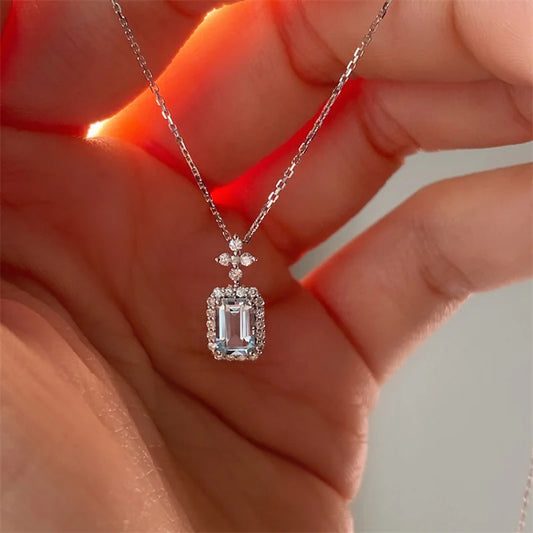 Huitan Square Light Blue Cubic Zirconia Necklace Women Engagement Wedding Accessories Brilliant Pendant Necklace Fashion Jewelry