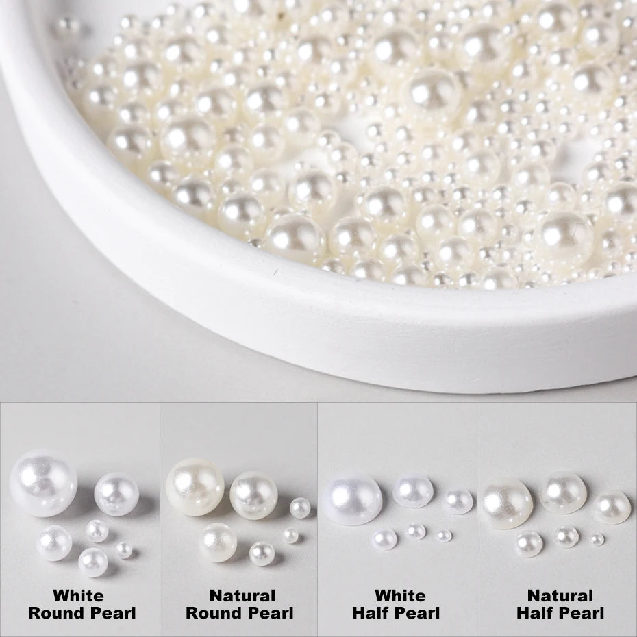 Mixed Nail Pearl Decoration White Natural Nail Charms Beads Flat Back Round Pearls Jewels For Manicure Design Korean Accessories