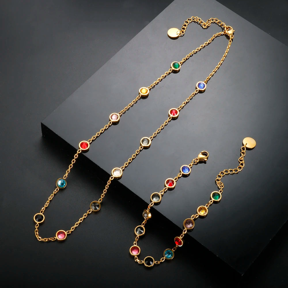 Bejeweled Bracelet Necklace 12 Birthstones Colorful Crystal Jewelry Set Stainless Steel for Women Luxury Fashion T S Bracelets