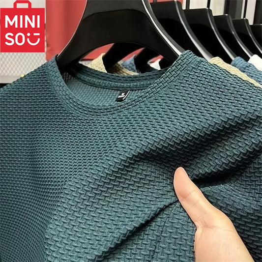 MINISO Bamboo Mesh Ice Silk T-shirt Men's Short sleeved Round Neck New T-sleeved Men's Bottom Shirt Summer Solid Color Men's Top