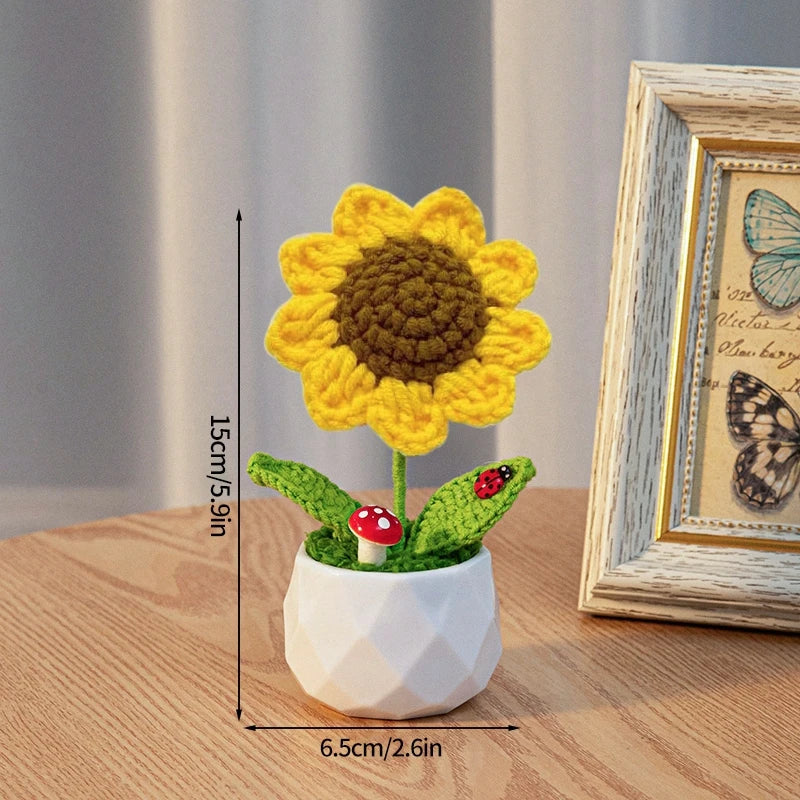 Sunflower Crochet Flowers Hand-knitted Flower Wedding Gift for Guests Potted Woven Flower Desk Accessorie Flores Valentine's Day