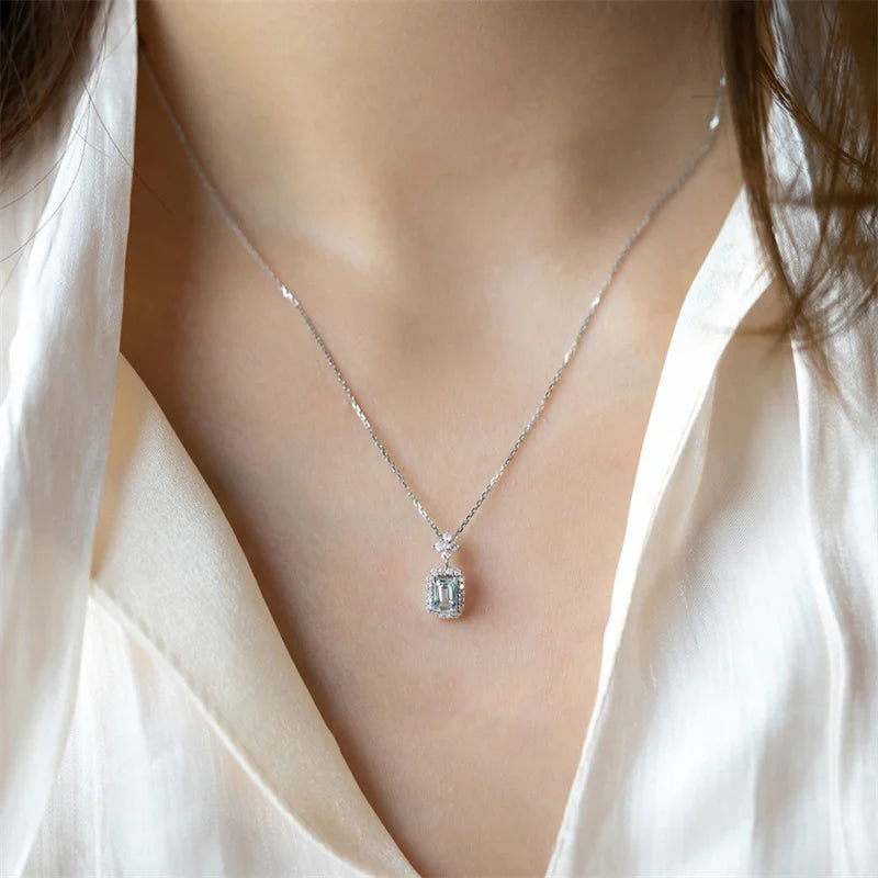 Huitan Square Light Blue Cubic Zirconia Necklace Women Engagement Wedding Accessories Brilliant Pendant Necklace Fashion Jewelry