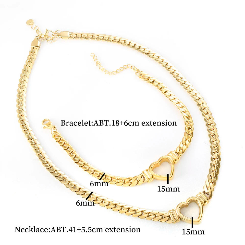 Waterproof Stainless Steel Luxury Love Heart Shape Chain Necklace Gold Plated Heart Bracelet Set for Women Fashion Jewelry Set