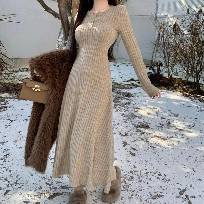 Elegant Slim High Waist Knit Dresses Women Autumn Winter Long Sleeve Thick Warm Long Dress Ladies Vintage Streetwear Vestidos