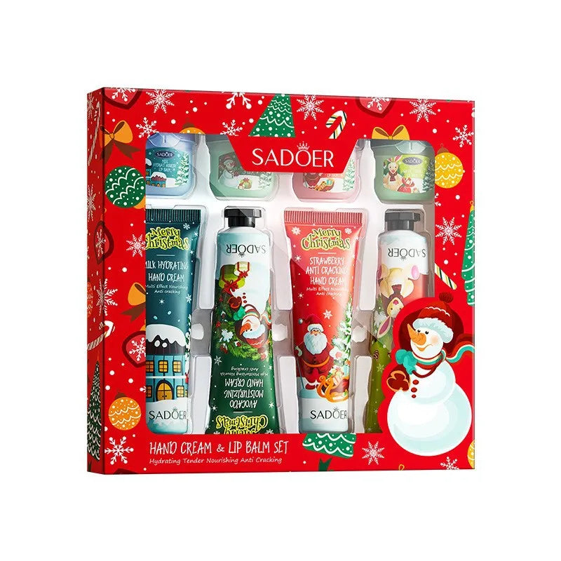 SADOER Christmas Moisturizing Repair Anti-Cracking Hand Cream + Lipstick Combination Kit moisturizing nourishing lip balm - Surpriseshopper.com