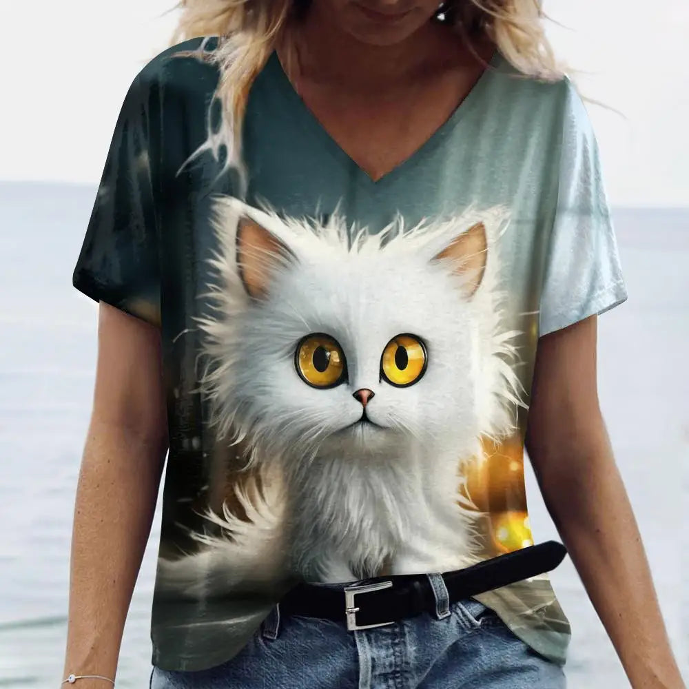 Summer Women's T Shirt Cat Print Casual Short Sleeve 3d T-Shirts Fashion Streetwear Crew Neck Pullover Female Oversized Clothing