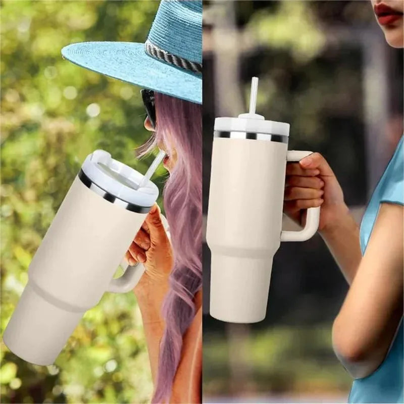 Outdoors Tumbler with Handle Lid Straw 40oz Stainless Steel Water Bottle Vacuum Thermos Cup Travel Thermal Coffee Mug