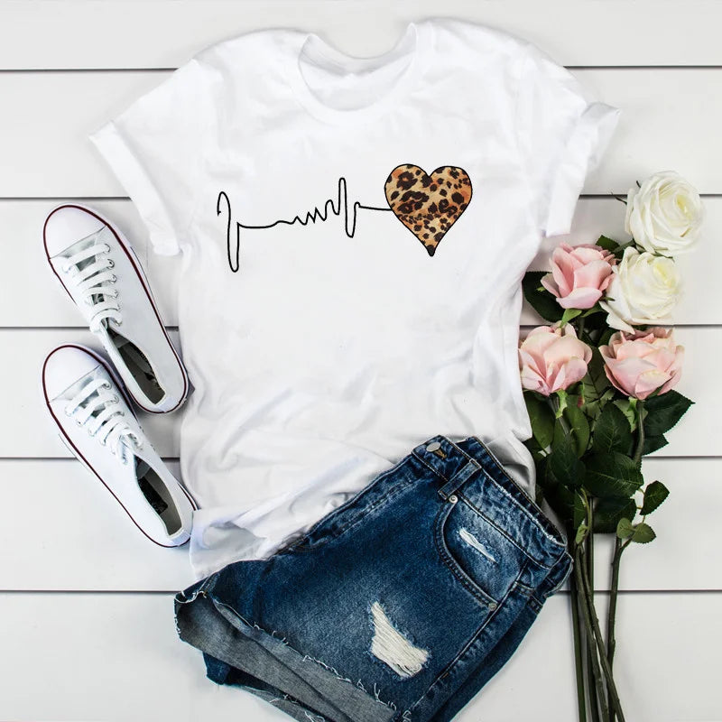 Summer New 90 's Leopard Heartbeat Short Sleeve Print Clothing Women's T-Shirt Harajuku Graphic Clothing Women's Top,Drop Ship - Surpriseshopper.com