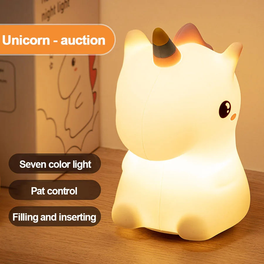 unicorn Cute Silicone LED Night Light For Kids children USB Rechargeable Cartoon Animal bedroom decor Touch Night Lamp for gifts