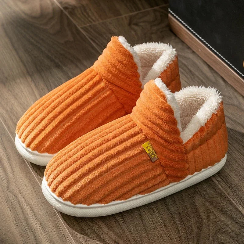 Winter Couple Style Concise Solid Color Wrap Heels Plush Slippers Non-slip Warm Flip Flops Women Men Home Casual Cotton Shoes