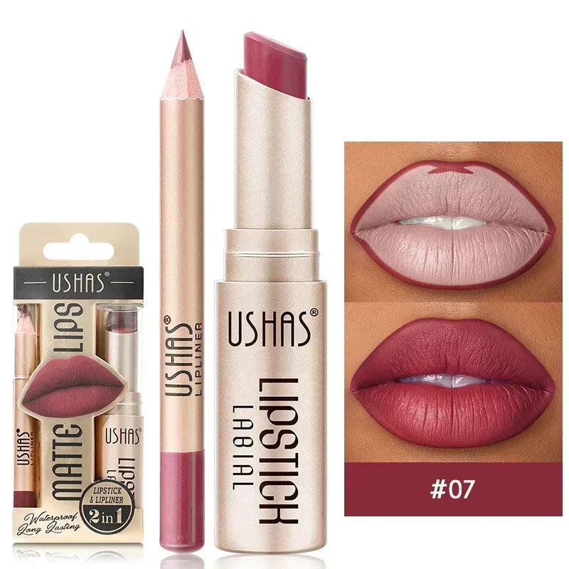 2 In 1 Korean Kiss: Waterproof Lip Liner Lipstick