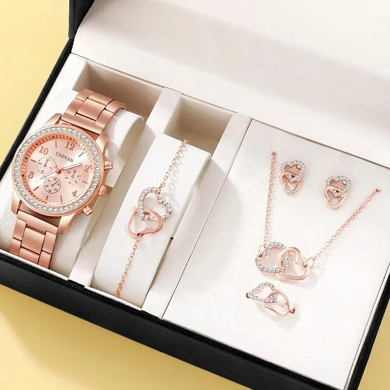 6PCS Set Rose Gold Luxury Watch Women Ring Necklace Earring Rhinestone Fashion Wristwatch Casual Ladies Bracelet Watches - Surpriseshopper.com