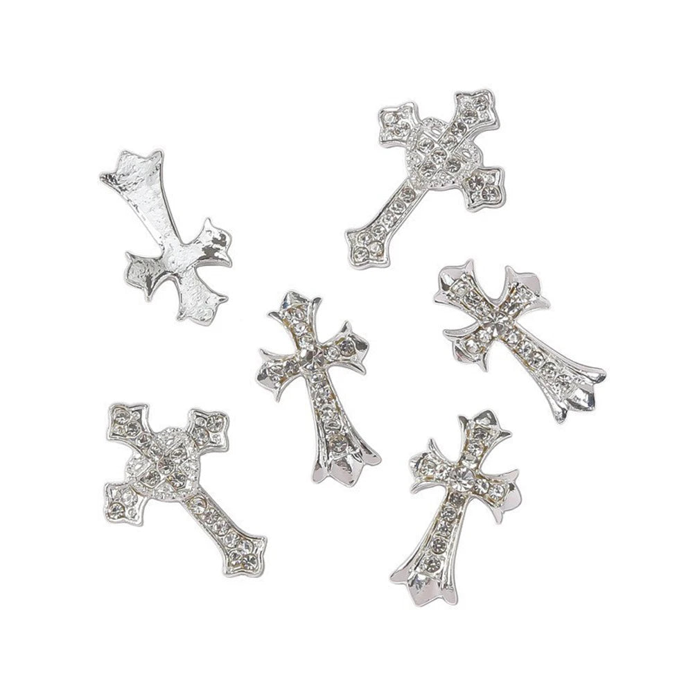 5pcs Luxury Silver Big Cross Nail Art Charm 3D Alloy Full Glitter Pink/White Diamond Nail Decoration DIY Retro Nail Accessories