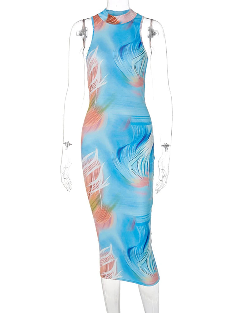 Hugcitar Tie Dye O Neck Sleeveless Backless Sexy Bodycon Slit Midi Dress 2023 Summer Women Fashion Clothes Y2K Streetwear Party