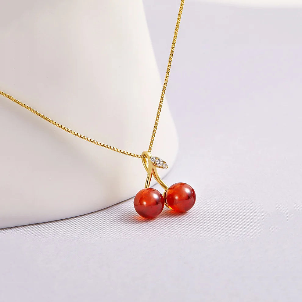 Little Wine Red Cherry Pendant Necklaces For Women Fashion Personality Fruit Golden Chain Necklace Party Jewelry Birthday Gifts