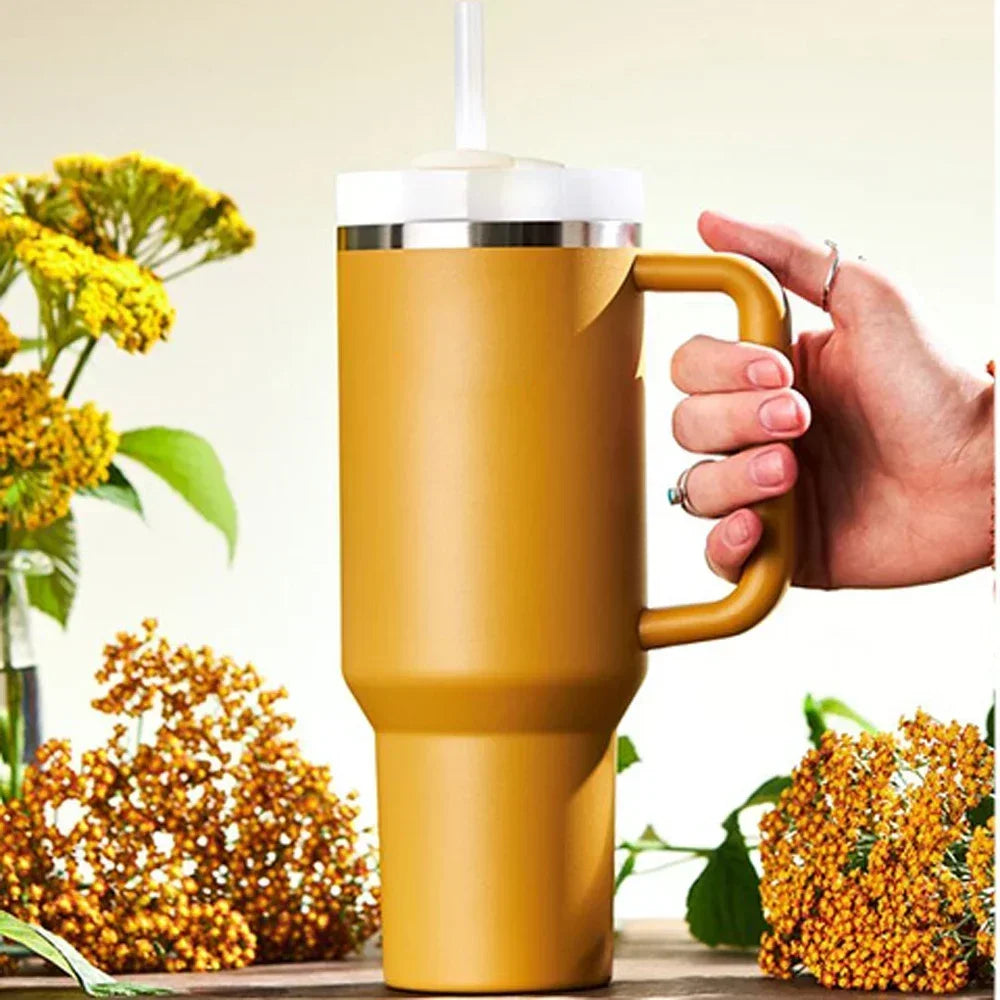 Outdoors Tumbler with Handle Lid Straw 40oz Stainless Steel Water Bottle Vacuum Thermos Cup Travel Thermal Coffee Mug