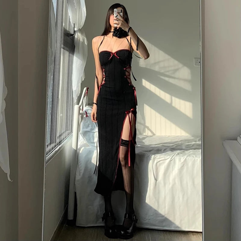 WhereMery Gothic Sexy Bow Applique Bandage Long Dress Aestheitic Strapless Skinny High Slit Dresses Y2K Fashion Club Party Dress - Surpriseshopper.com