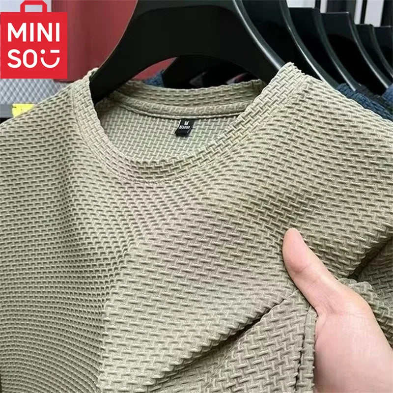 MINISO Bamboo Mesh Ice Silk T-shirt Men's Short sleeved Round Neck New T-sleeved Men's Bottom Shirt Summer Solid Color Men's Top