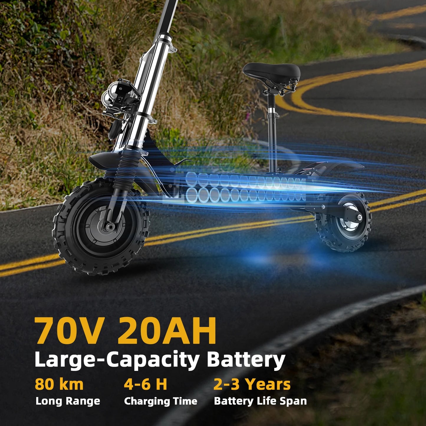 48-72V Electric Scooter for Adults 90KM/H 10-11''Tubeless Off Road Tire Hydraulic / SpringSuspension Foldable Escooter with Seat