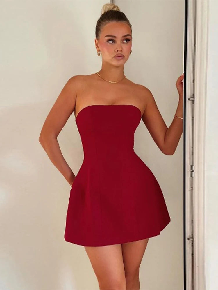 Fashion Chic Red Strapless Mini Dress For Women Backless Sleeveless High Waist Dresses 2025 Elegant Female Evening Party Gowns