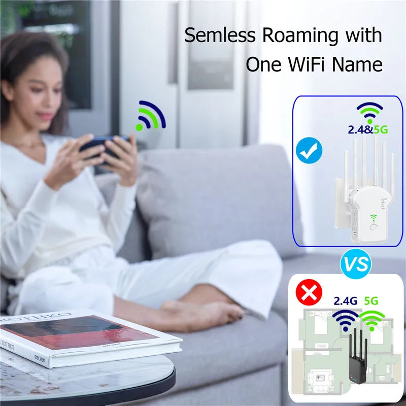 WiFiBoost: Powerful 1200Mbps Dual Band Repeater – Say Goodbye to Dead Zones!