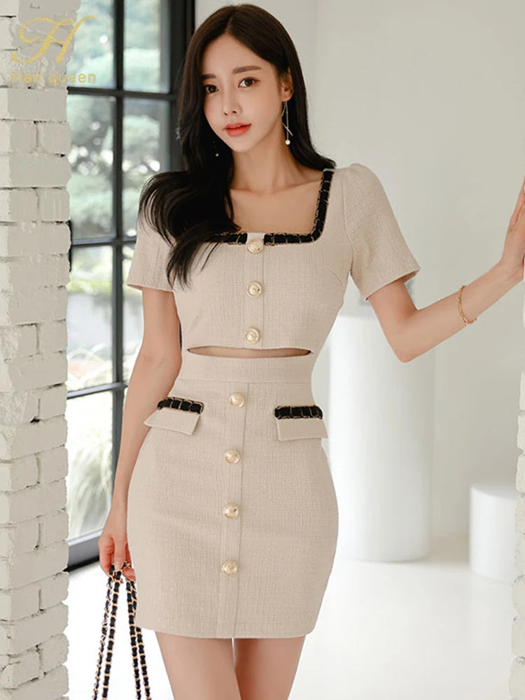 H Han Queen 2024 Summer Sexy Dresses Fashion Buttons Simple Sheath Pencil Short Elegant Chic Dress Korean Style Clothing Vestido