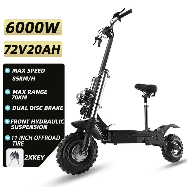 48-72V Electric Scooter for Adults 90KM/H 10-11''Tubeless Off Road Tire Hydraulic / SpringSuspension Foldable Escooter with Seat