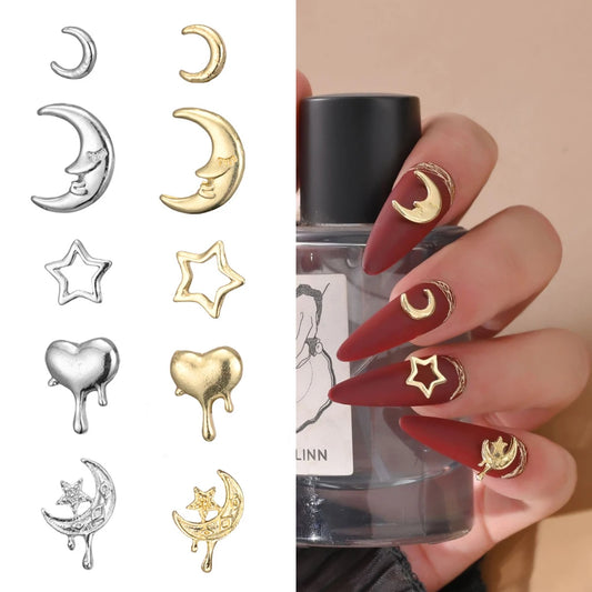 20Pcs Alloy Moon Nail Art Charm 3D Gold Silver luxurious Star Lava Heart Love Metal Nail Ornament DIY Exquisite Nail Accessories