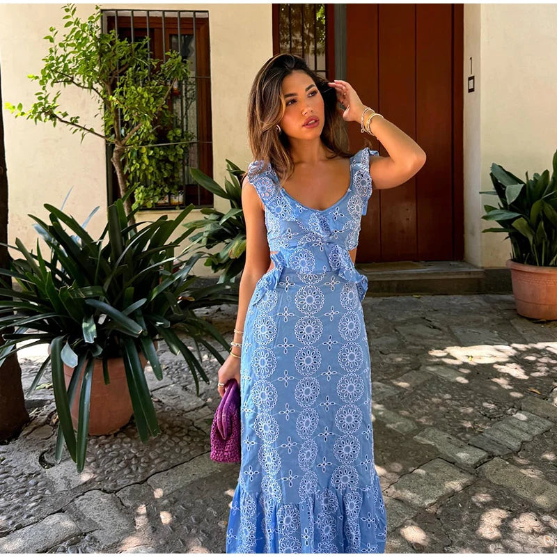 Summer Hollow Out Embroidery Maxi Dress For Women Sexy Sleeveless Backless Ruffle Long Beach Dress 2024 Holiday Lady Party Robe