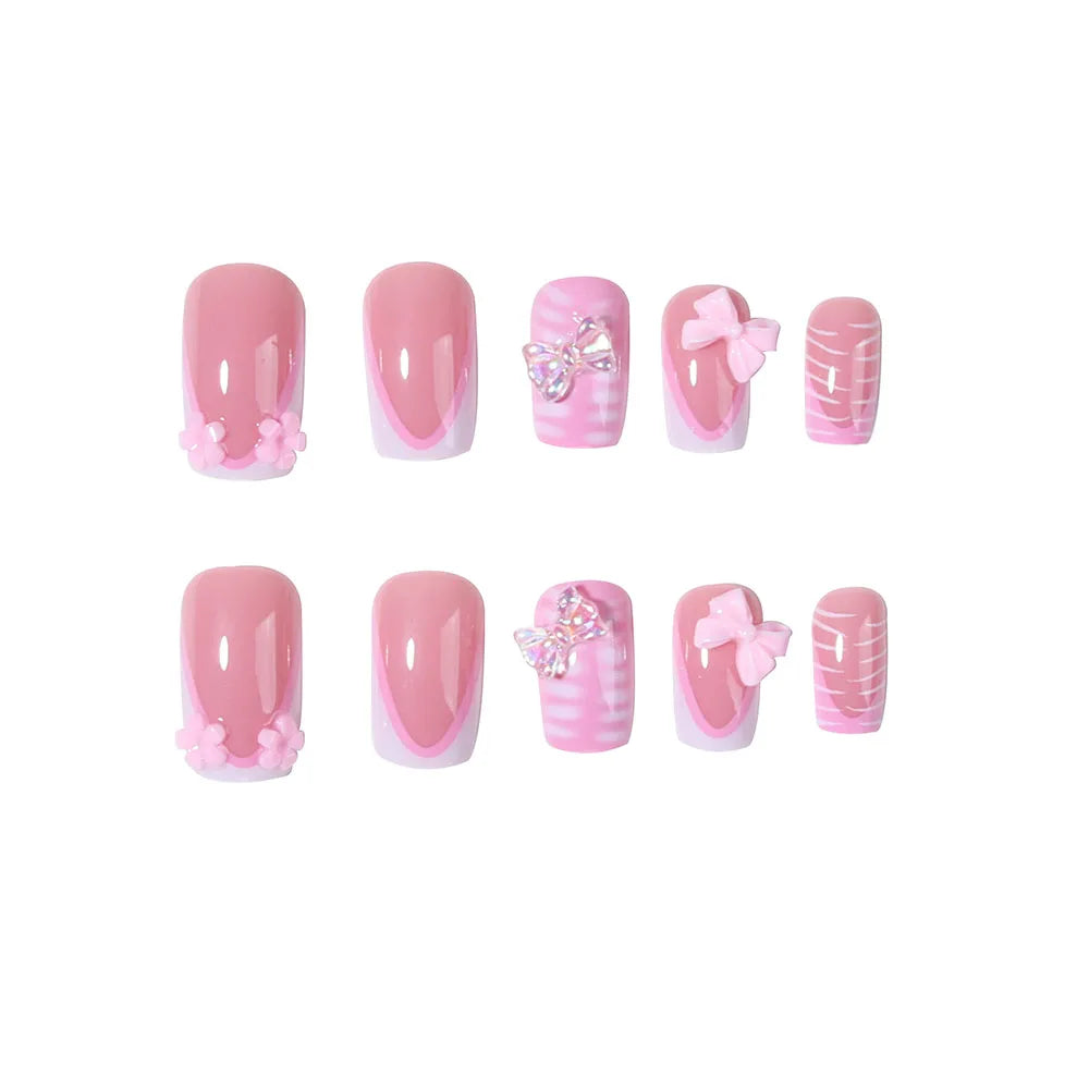 24 pieces of short square nail tips. 3D stereo line butterfly decorations. Pink French full-stick reusable coverage nail art.