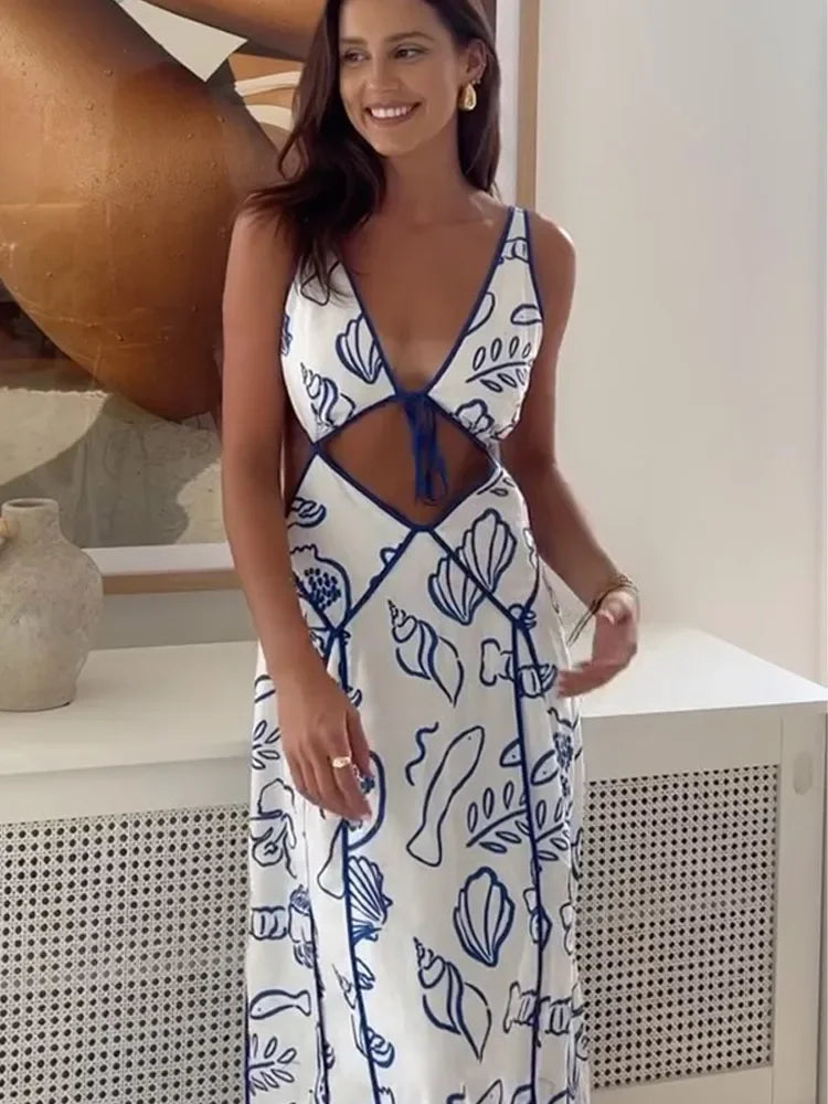 Elegant Women Summer Print V Neck Cutout Dress Fashion Sleeveless Slim Backless Lace Up Sling Robes 2025 Chic Beach Holiday Wear