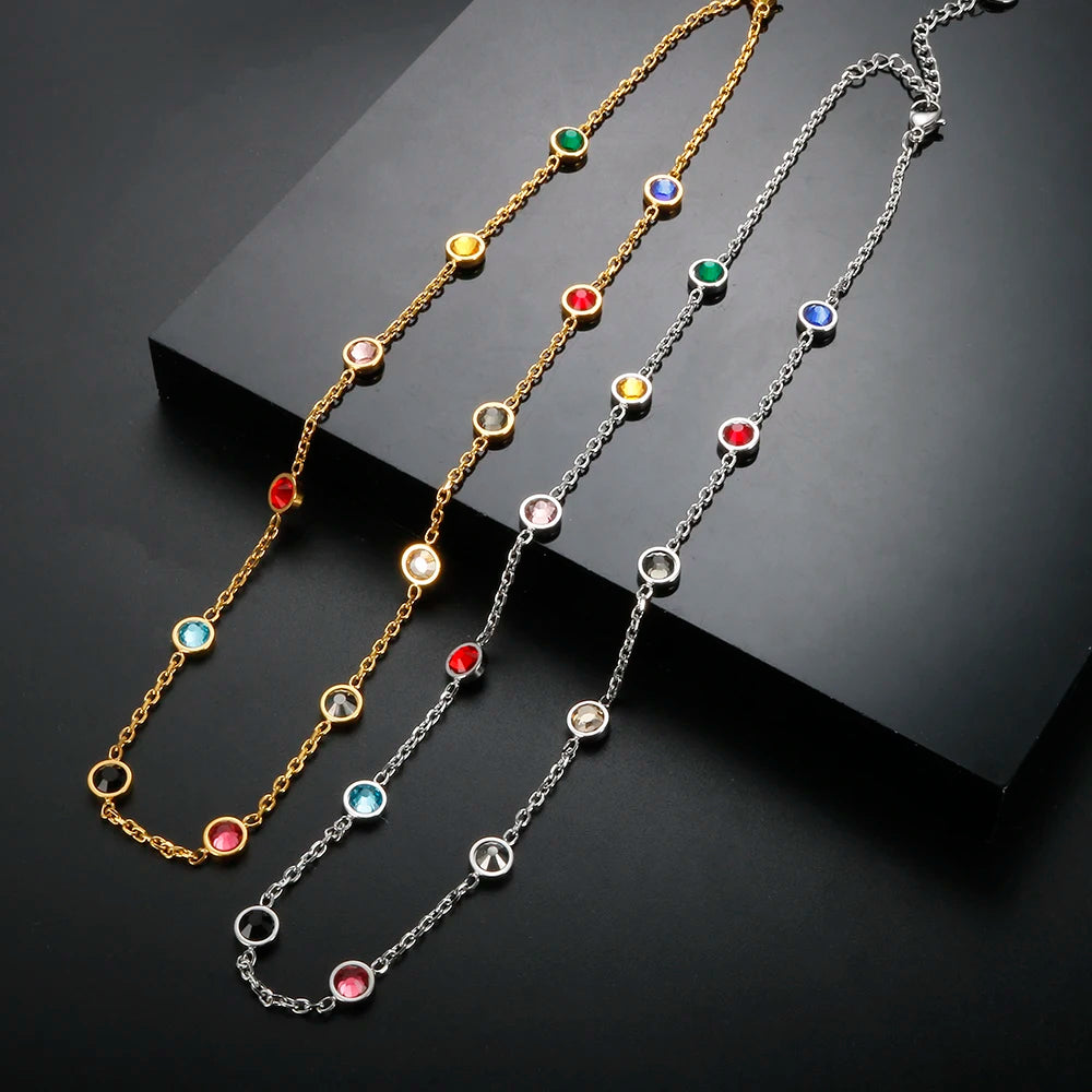 Bejeweled Bracelet Necklace 12 Birthstones Colorful Crystal Jewelry Set Stainless Steel for Women Luxury Fashion T S Bracelets