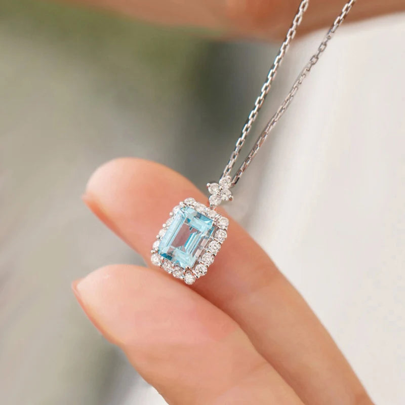 Huitan Square Light Blue Cubic Zirconia Necklace Women Engagement Wedding Accessories Brilliant Pendant Necklace Fashion Jewelry