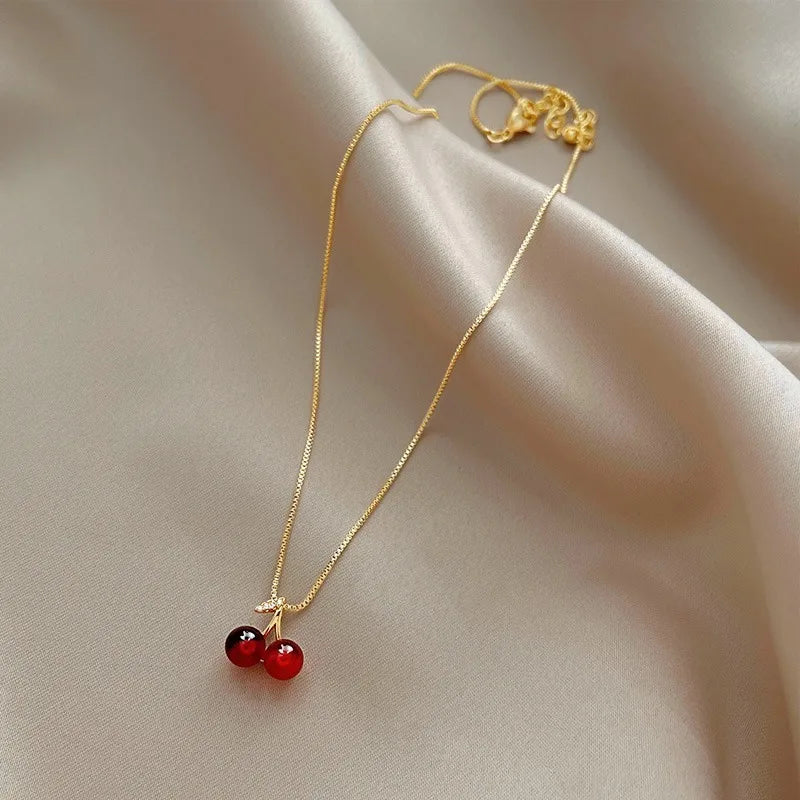 Little Wine Red Cherry Pendant Necklaces For Women Fashion Personality Fruit Golden Chain Necklace Party Jewelry Birthday Gifts