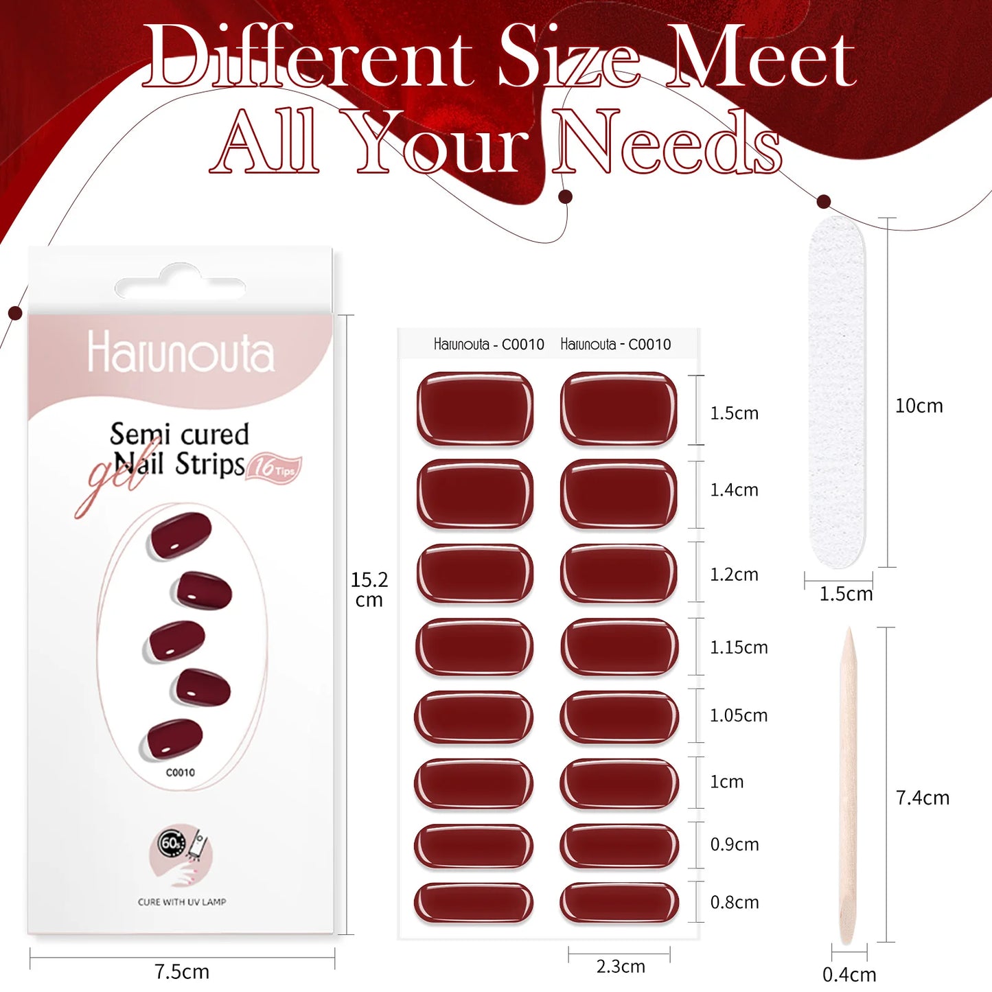 Harunoura Red Series Semi Cured Gel Nail Strips Maroon Gel Polish Nail Stickers Waterproof Long Lasting Stickers for Nails Decor