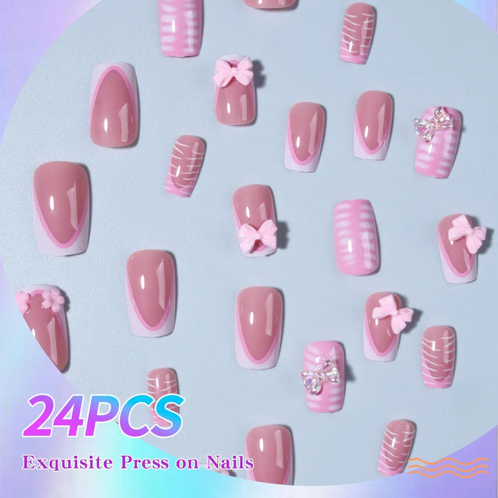 24 pieces of short square nail tips. 3D stereo line butterfly decorations. Pink French full-stick reusable coverage nail art.