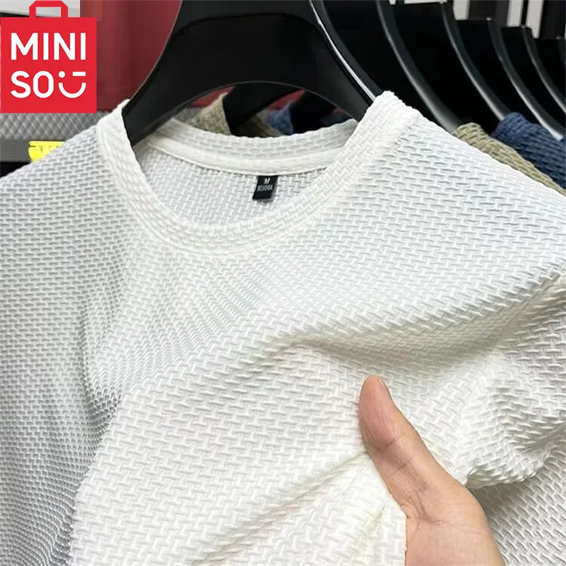 MINISO Bamboo Mesh Ice Silk T-shirt Men's Short sleeved Round Neck New T-sleeved Men's Bottom Shirt Summer Solid Color Men's Top